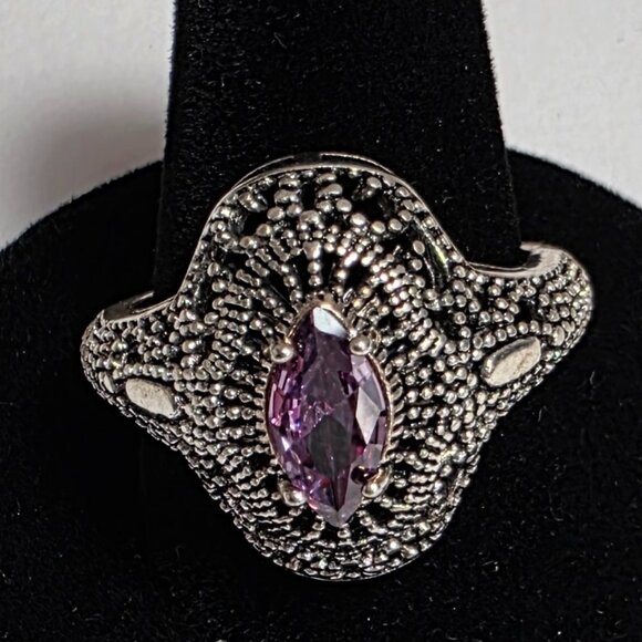 Antique Style Purple Stone Ring Silver Tone | EU 19 (US 9) - Picture 3 of 6